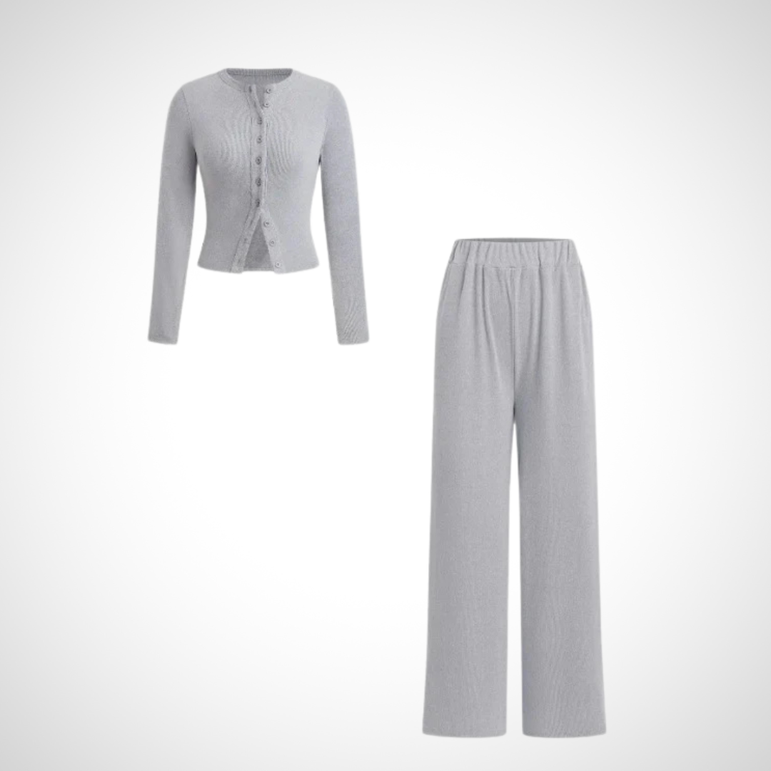 COLY™ - Bequemes Langarm-Oberteil mit Knopfleiste und Hosen-Set