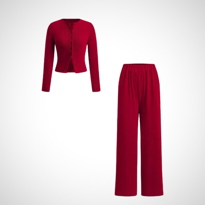 COLY™ - Bequemes Langarm-Oberteil mit Knopfleiste und Hosen-Set