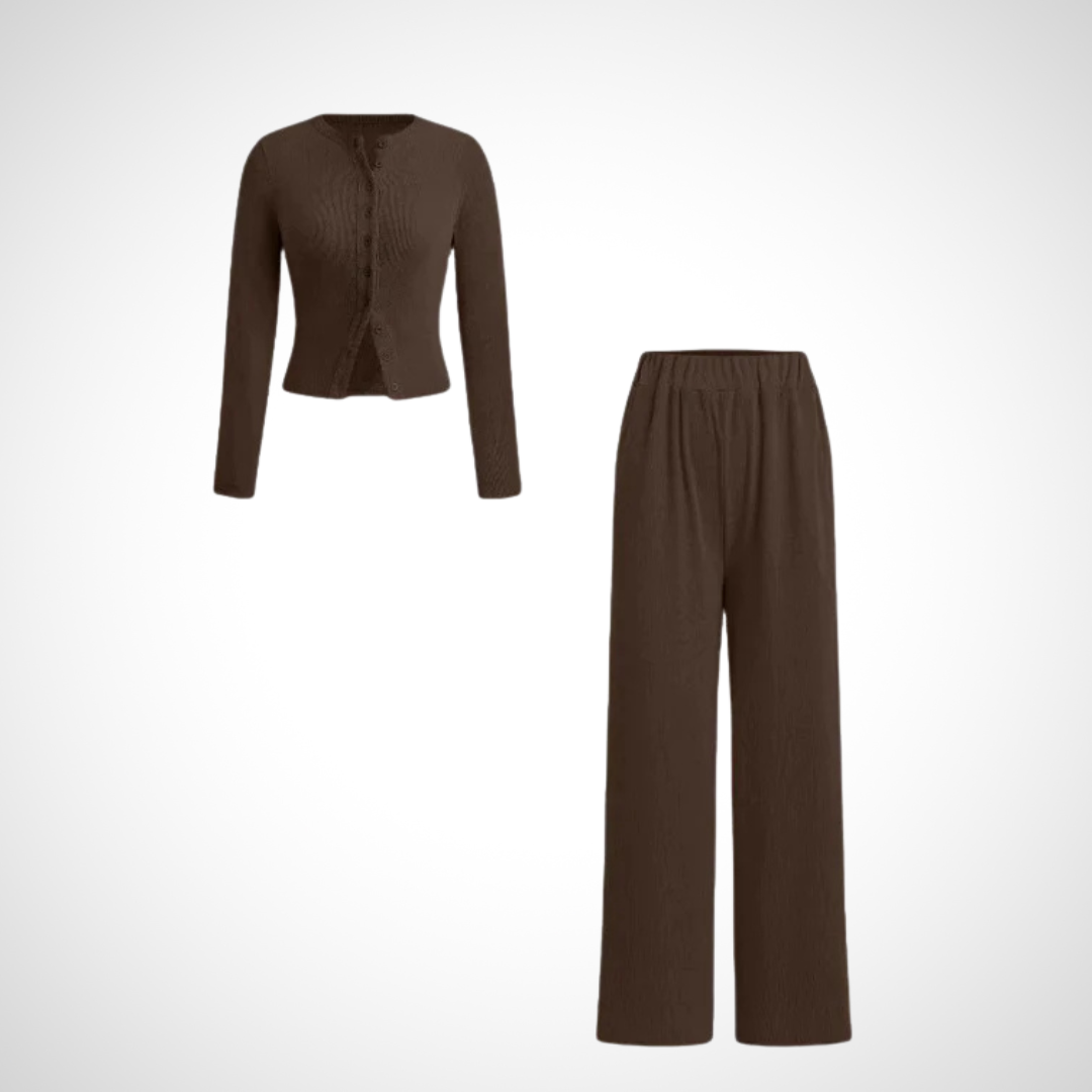 COLY™ - Bequemes Langarm-Oberteil mit Knopfleiste und Hosen-Set