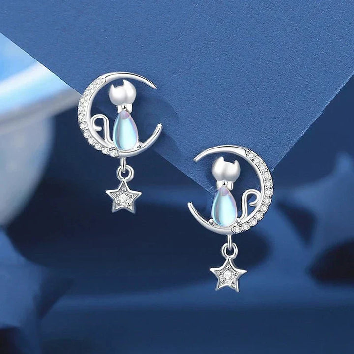 Ohrringe Katze mit Mond und Stern aus 925er Sterling Silber mit Zirkonia