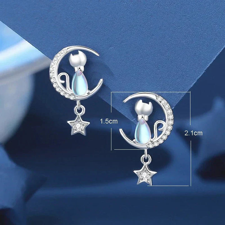 Ohrringe Katze mit Mond und Stern aus 925er Sterling Silber mit Zirkonia