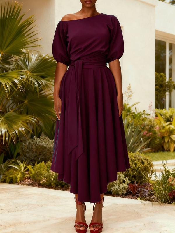 ZEBY™ - Elegantes Damen A-Linien-Kleid mit Gürtel, Bischofsarm und Bootausschnitt