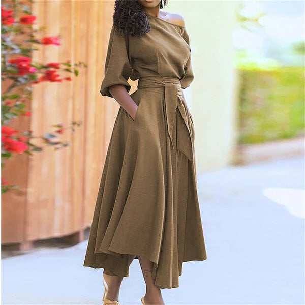 ZEBY™ - Elegantes Damen A-Linien-Kleid mit Gürtel, Bischofsarm und Bootausschnitt