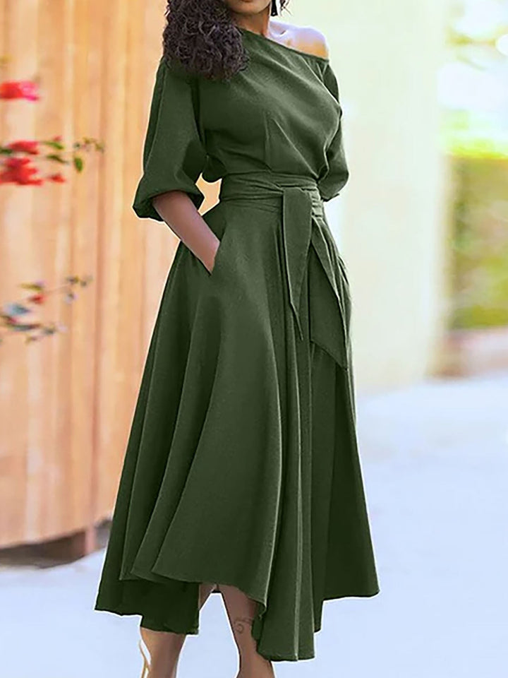 ZEBY™ - Elegantes Damen A-Linien-Kleid mit Gürtel, Bischofsarm und Bootausschnitt