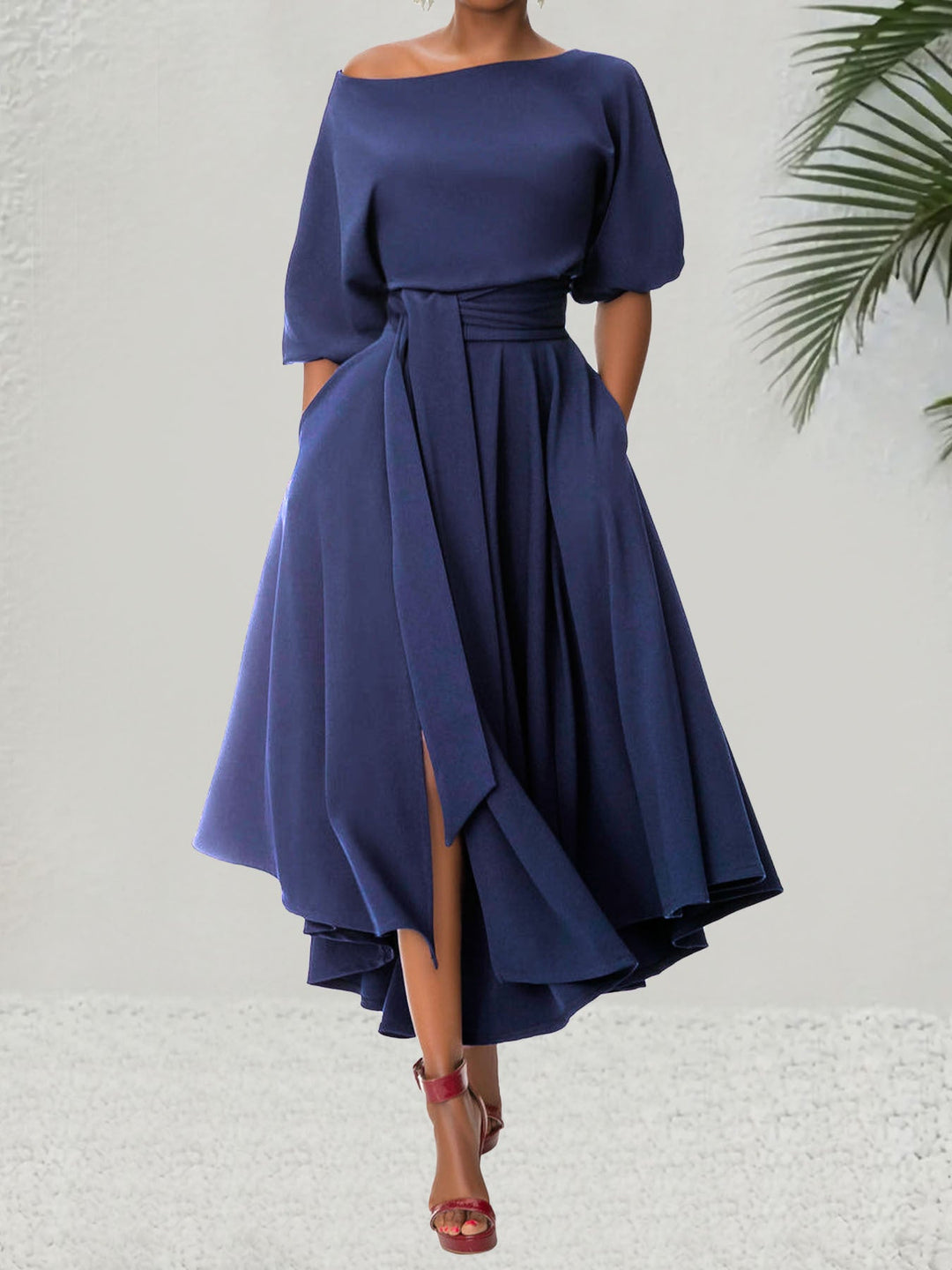 ZEBY™ - Elegantes Damen A-Linien-Kleid mit Gürtel, Bischofsarm und Bootausschnitt