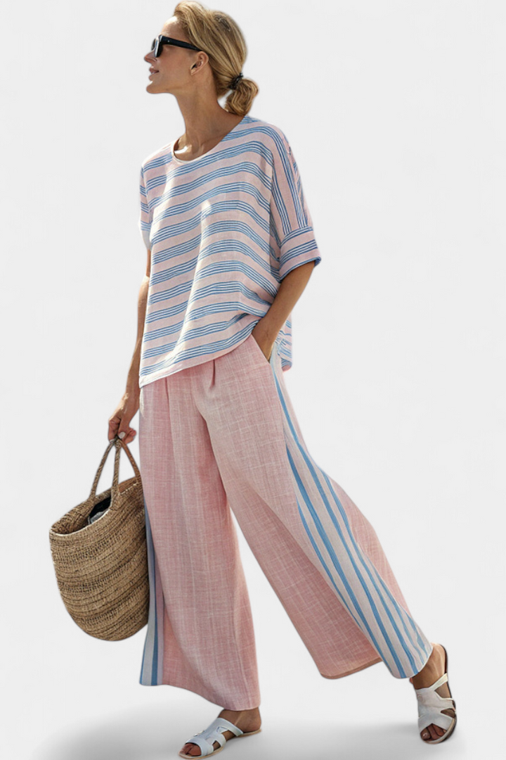 Virella | Stilvolle Leinenbluse mit Rosa-Blauen Streifen und Bequemen Hosen