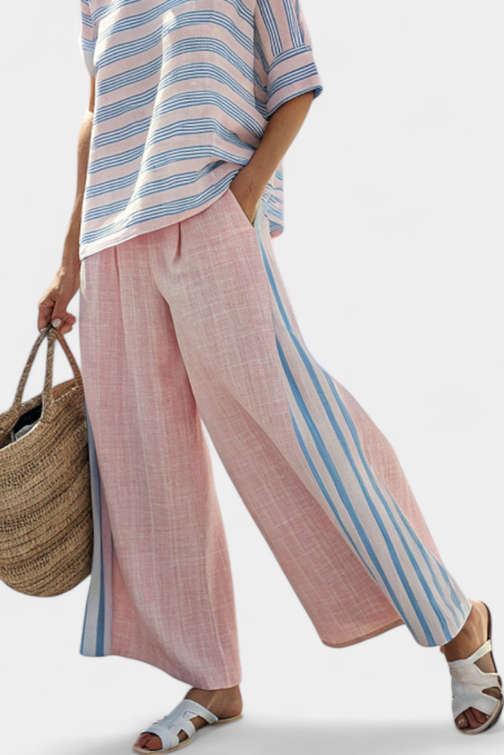 Virella | Stilvolle Leinenbluse mit Rosa-Blauen Streifen und Bequemen Hosen