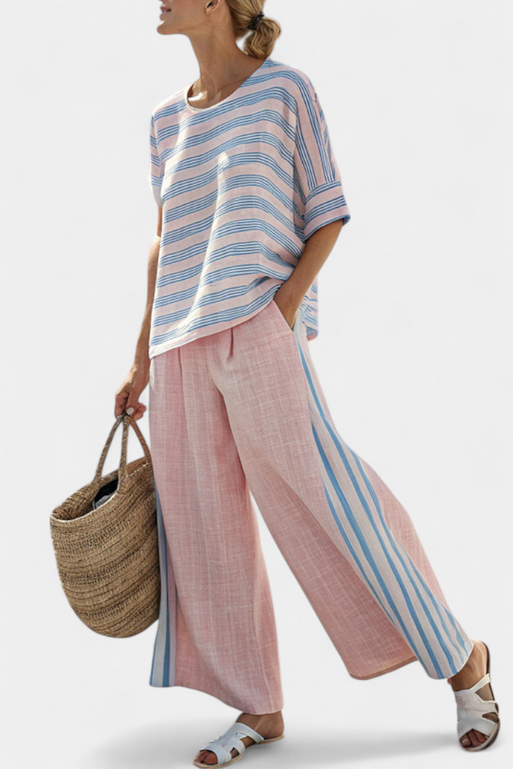 Virella | Stilvolle Leinenbluse mit Rosa-Blauen Streifen und Bequemen Hosen