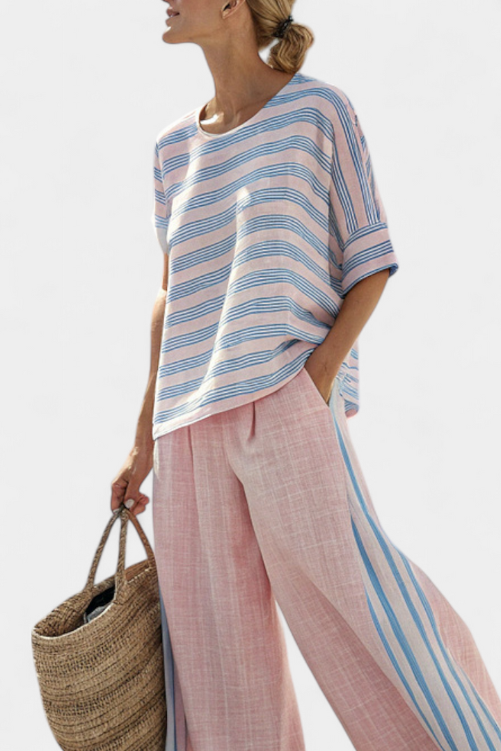 Virella | Stilvolle Leinenbluse mit Rosa-Blauen Streifen und Bequemen Hosen