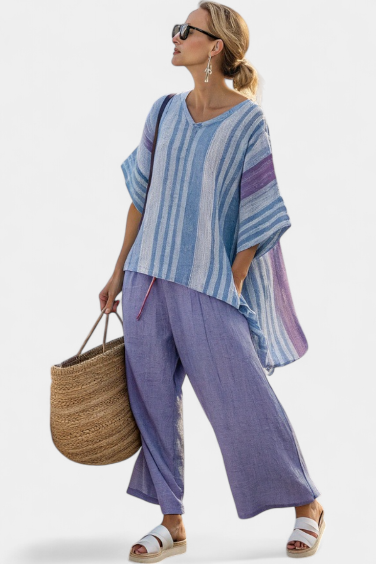 Zellora | Elegantes Lavendel- und Blau-Top mit passender Leinenhose