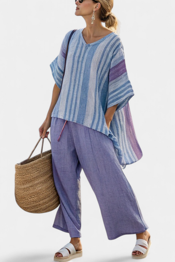 Zellora | Elegantes Lavendel- und Blau-Top mit passender Leinenhose