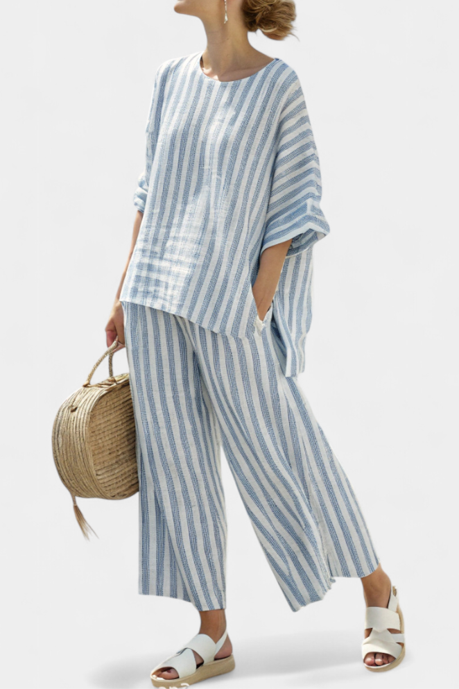 Rensleigh | Sophisticated Lino Blu Striato Top & Relaxed Pants
