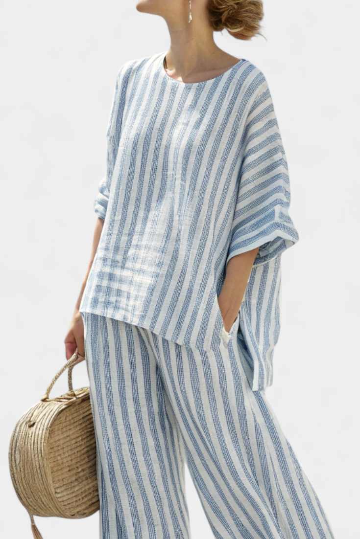 Rensleigh | Sophisticated Lino Blu Striato Top & Relaxed Pants