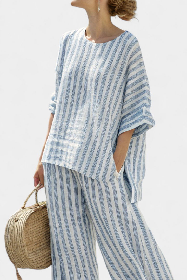 Rensleigh | Sophisticated Lino Blu Striato Top & Relaxed Pants