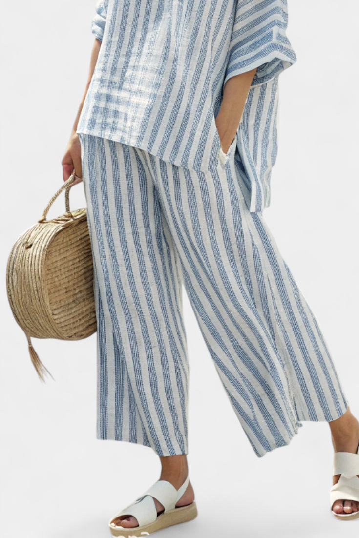 Rensleigh | Sophisticated Lino Blu Striato Top & Relaxed Pants