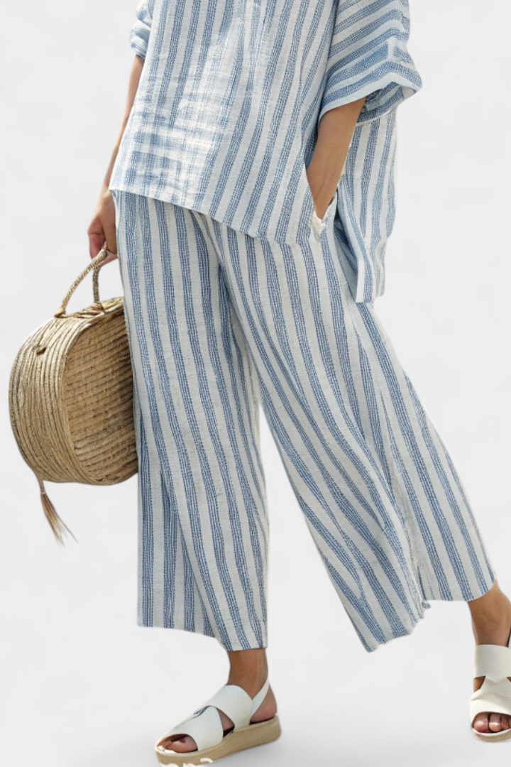 Rensleigh | Sophisticated Lino Blu Striato Top & Relaxed Pants