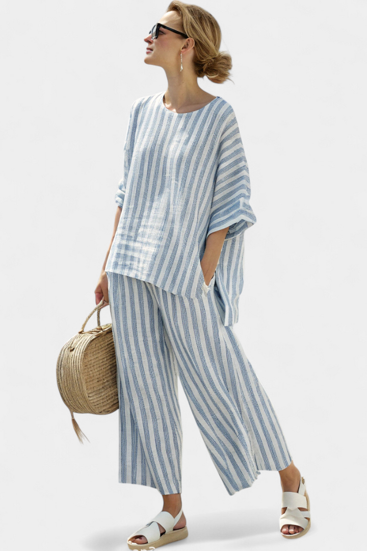 Rensleigh | Sophisticated Lino Blu Striato Top & Relaxed Pants