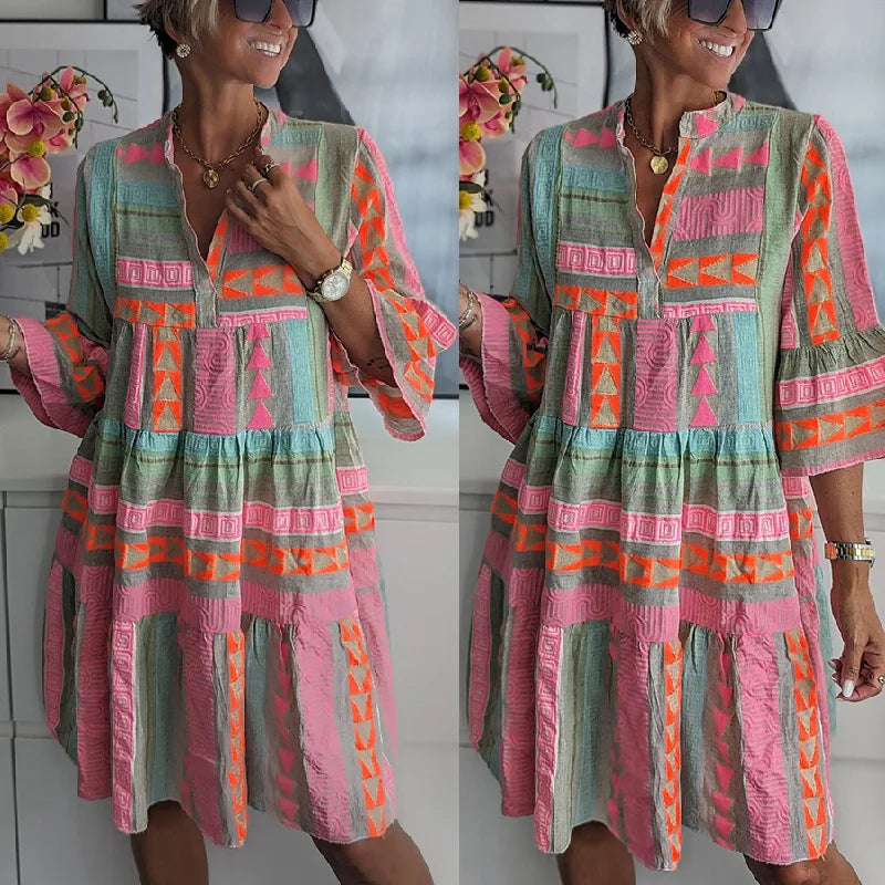 Ava - Elegantes V-Ausschnitt Sommerkleid aus Baumwollhanf