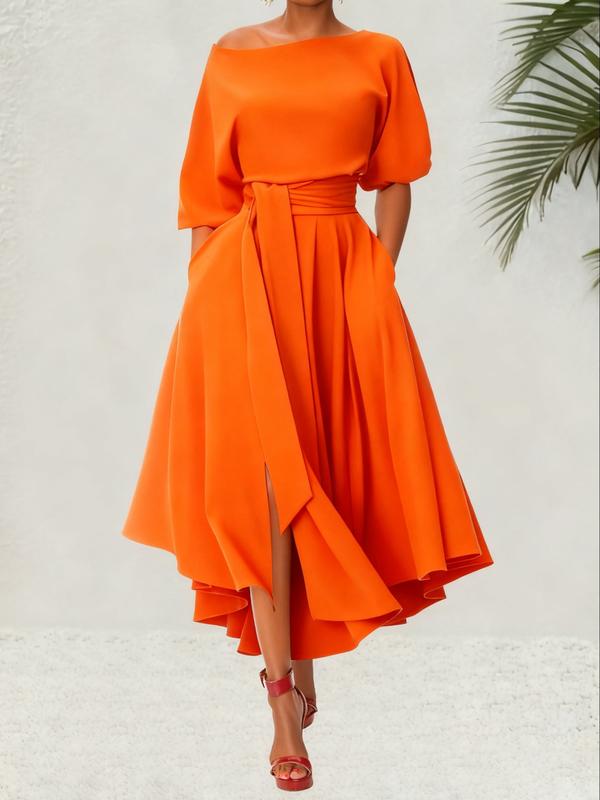 ZEBY™ - Elegantes Damen A-Linien-Kleid mit Gürtel, Bischofsarm und Bootausschnitt