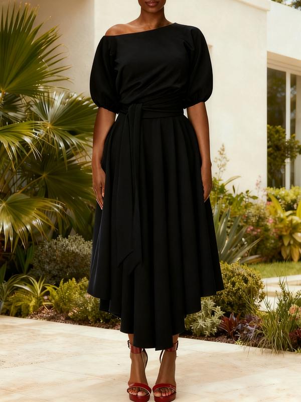 ZEBY™ - Elegantes Damen A-Linien-Kleid mit Gürtel, Bischofsarm und Bootausschnitt