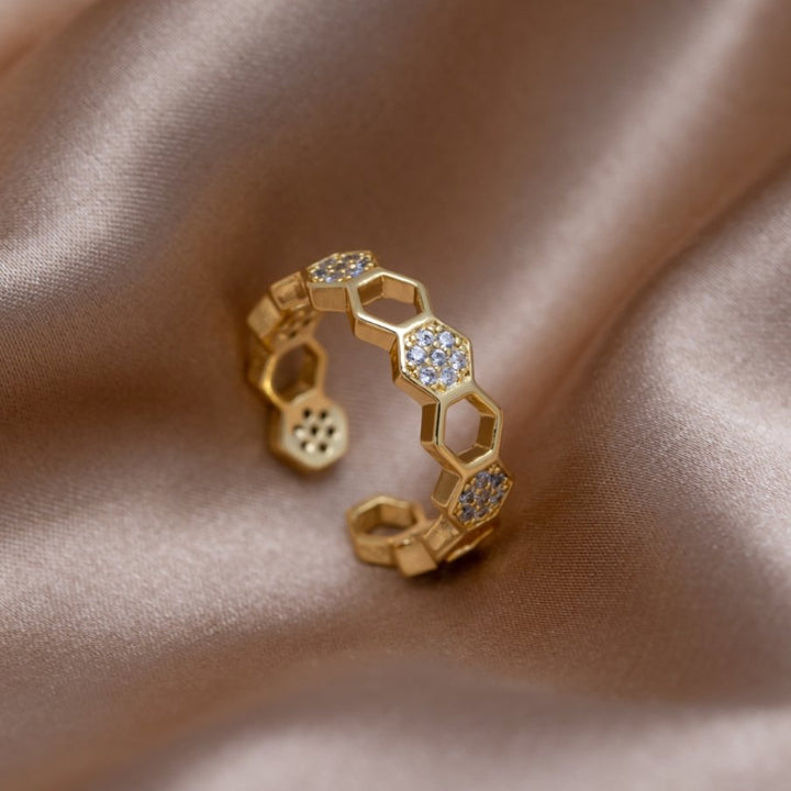 Gold- und Kristall-Wabenring