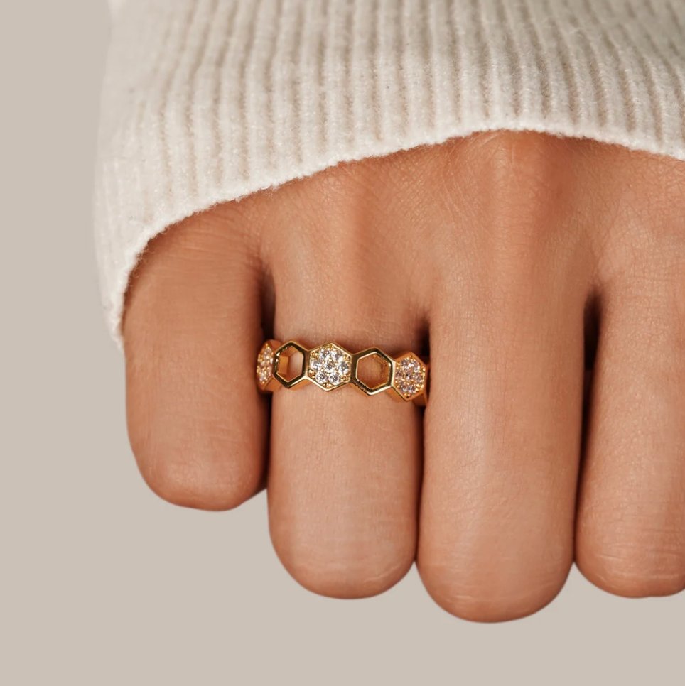 Gold- und Kristall-Wabenring