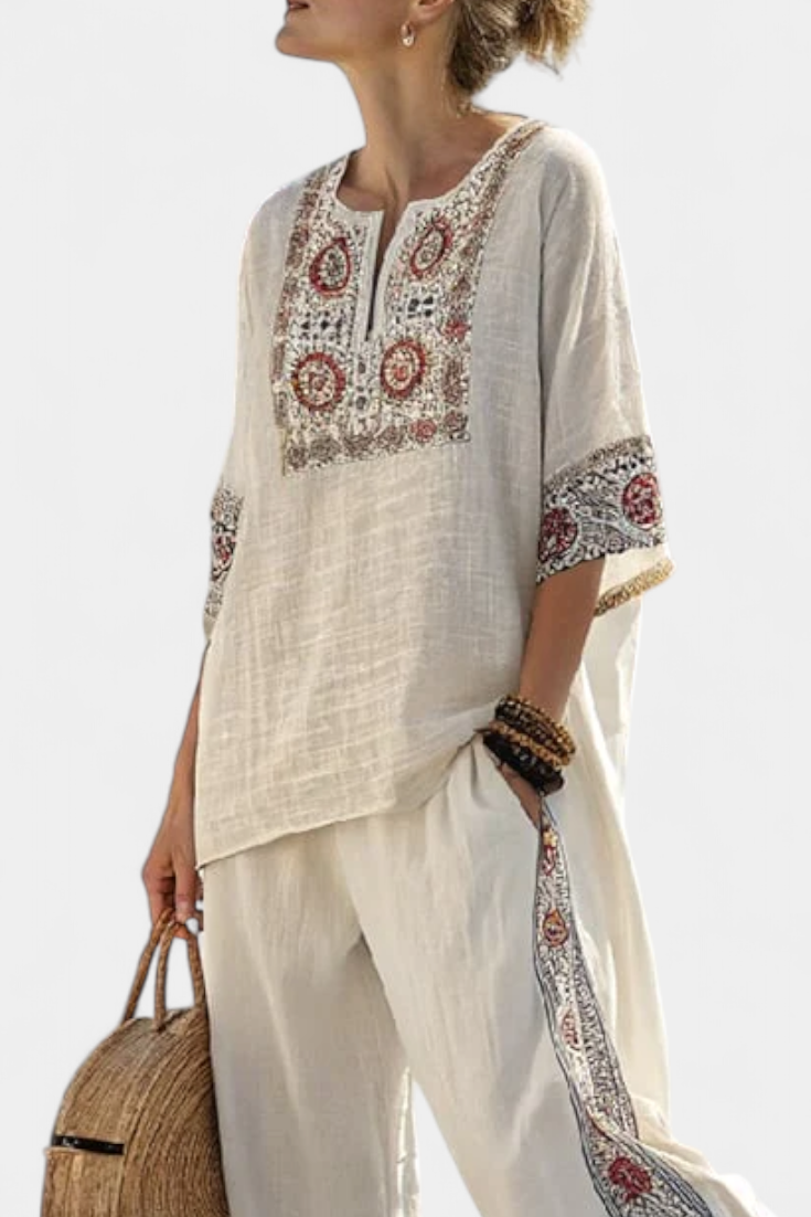 Tameric | Bestickte Bluse mit Passender Weit-Hose