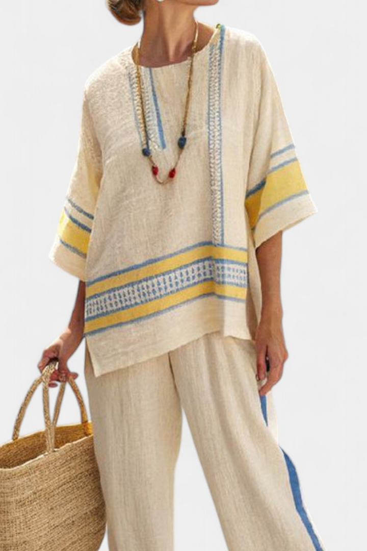 Jaxmere | Set Mediterraneo Blau-Gelb mit Leinenhose