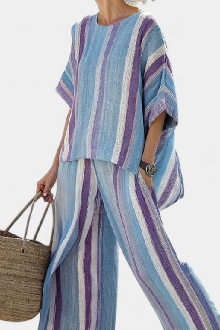 Faelith | Eleganter Malvenpastell-Top mit gestreifter Leinenhose