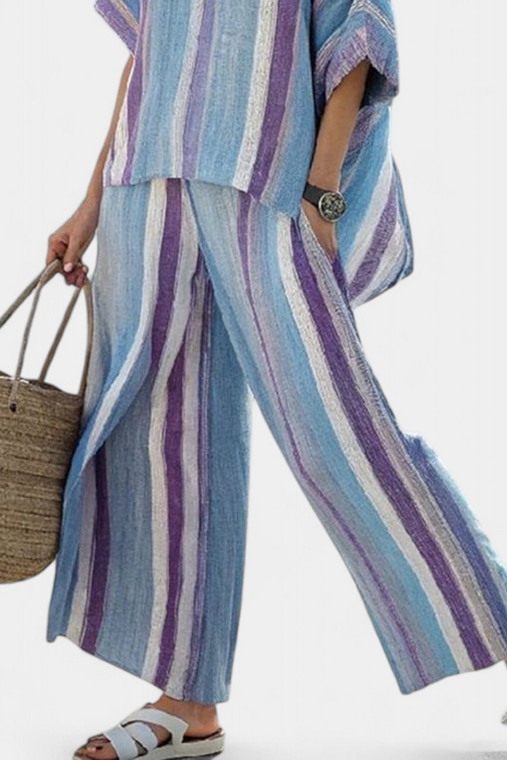 Faelith | Eleganter Malvenpastell-Top mit gestreifter Leinenhose