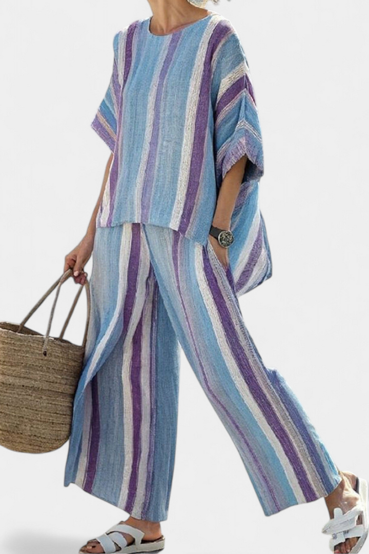 Faelith | Eleganter Malvenpastell-Top mit gestreifter Leinenhose