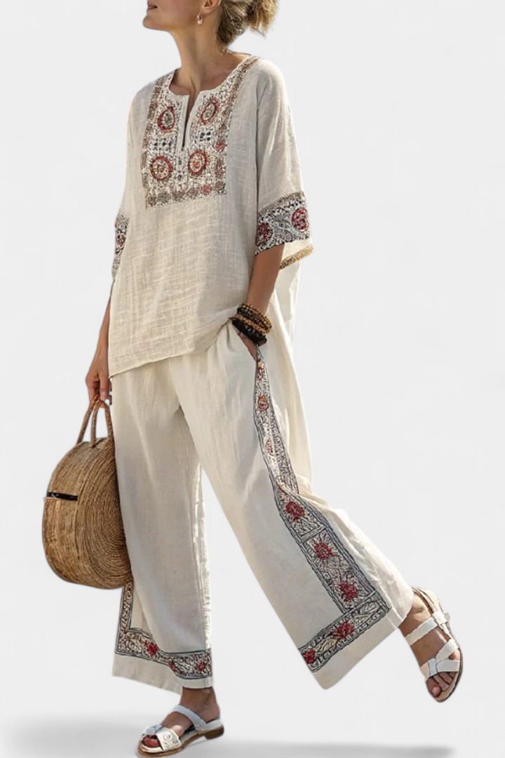 Tameric | Bestickte Bluse mit Passender Weit-Hose
