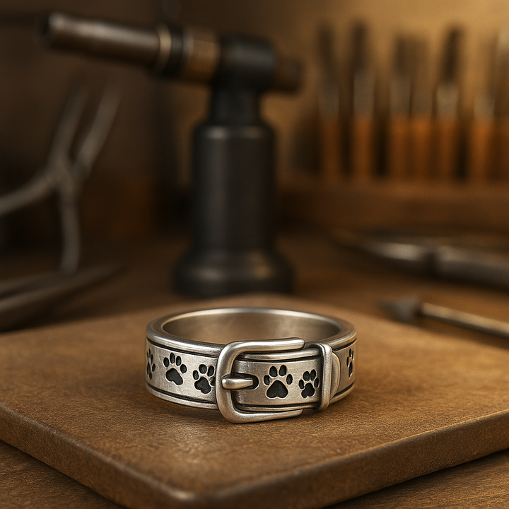 Ring mit einem süßen und eleganten Halsband in Form eines Hundes